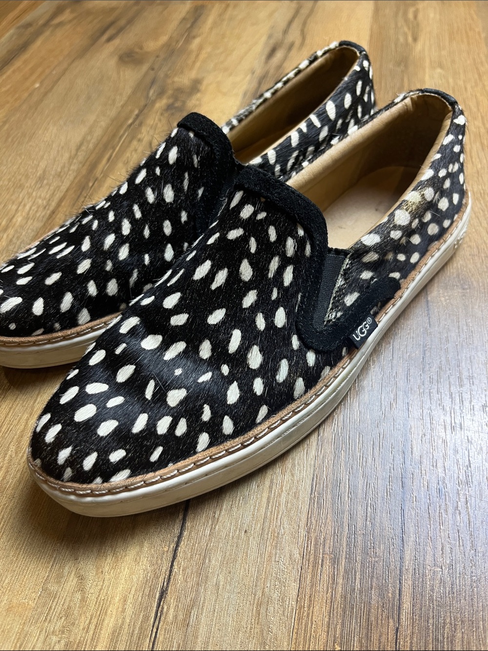 UGG Women’s Antelope Black and White Spotted Slip-On Loafers
